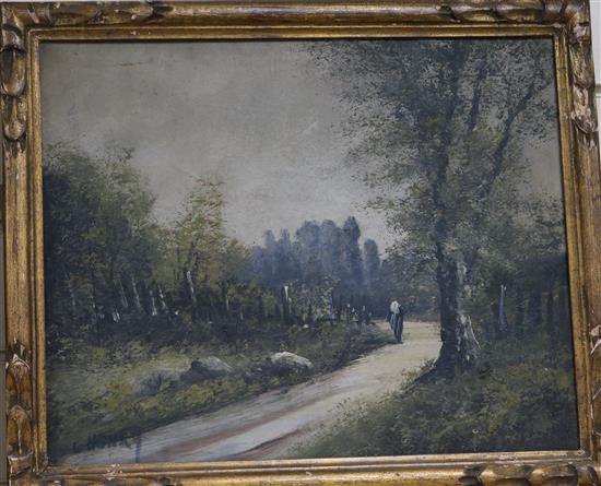 L* Henry, Woodland path with figure, oil on canvas, and companion piece, a pair